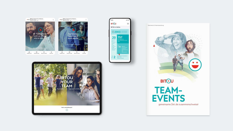 BITOU Corporate Branding: Team-Events Kampagne mit verschiedenen Medienformaten – Social-Media-Posts, Mobile Website, Tablet-Ansicht und Broschürencover, entwickelt von DOTS.