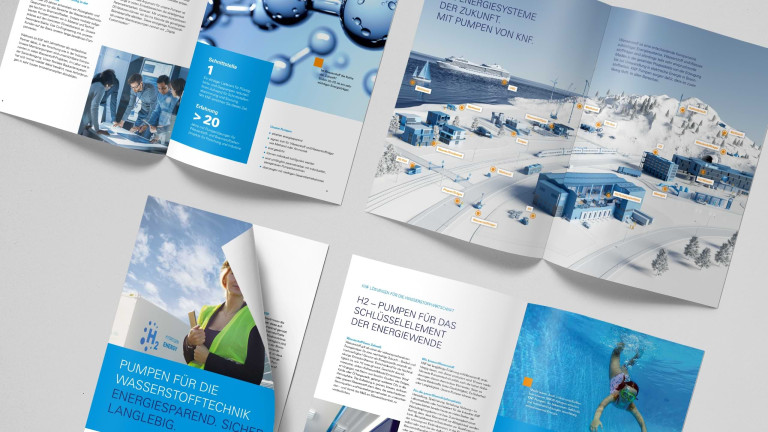 Broschüren-Layout von KNF, das die vielseitigen Einsatzmöglichkeiten von Wasserstoffpumpen darstellt. Umgesetzt mit Visual Branding, 3D/CGI und Brand Communication von DOTS.