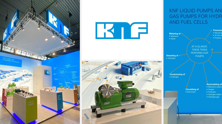 KNF-Messestand mit 3D-Visualisierungen, Wasserstoffpumpen-Exponaten und Key Visuals zur Anwendung von Flüssigkeits- und Gaspumpen für Wasserstofftechnologie.