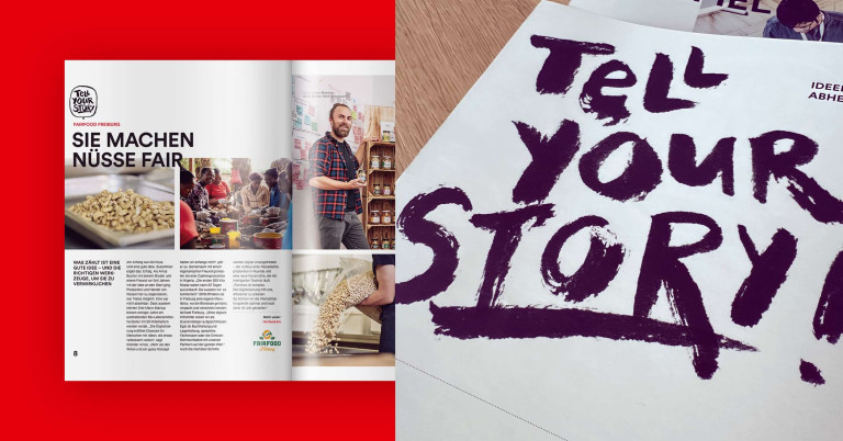 Innenseiten des Lexware Magazins 'Tell Your Story', in denen DOTS das kreative Storytelling für Fairfood Freiburg visuell umgesetzt hat.