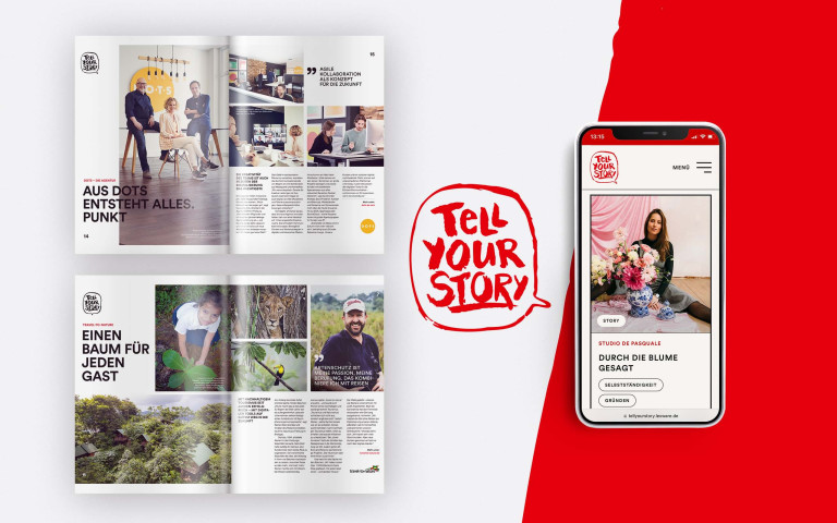 Innenseiten des Lexware Magazins 'Tell Your Story' und mobile Ansicht der Webseite, umgesetzt von DOTS, mit Fokus auf agiles Storytelling und kreatives Design.
