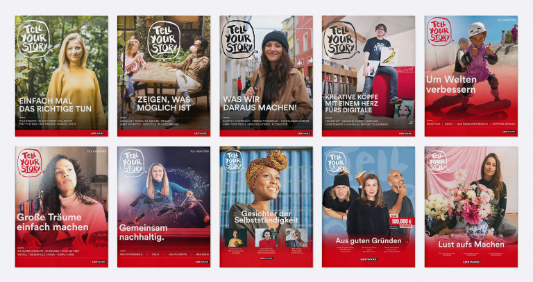 Sammlung von Magazin-Covern des Lexware Projekts 'Tell Your Story', konzipiert und gestaltet von DOTS, mit vielfältigen und inspirierenden Geschichten und Themen.