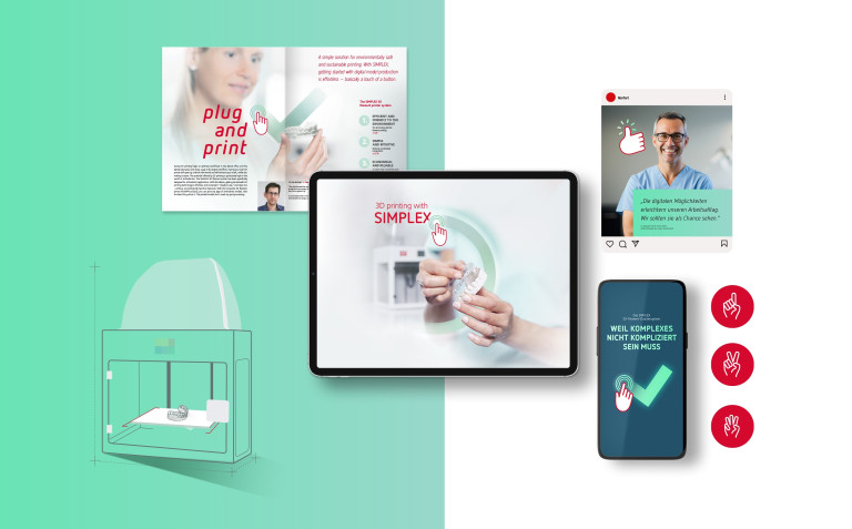 Collage, die die vielfältigen Leistungen von DOTS im Bereich 3D-Drucktechnologie darstellt, einschließlich Konzeptentwicklung, Design und Beratung. Zu sehen sind eine 3D-Druckmaschine, Webseiten-Designs und mobile Anwendungen auf einem türkisfarbenen Hintergrund.