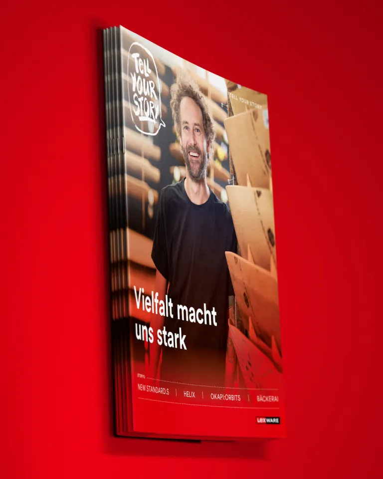 Magazin-Cover „Tell Your Story“ für Lexware, gestaltet von DOTS. Leistungen: Editorial Design, Konzept, Layout, Reinzeichnung, Webdesign, Bewegtbild.