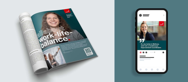 Zehnder Employer Branding-Kampagne: Links ein Magazin mit dem Slogan „All about work-life-balance“, rechts eine mobile Anzeige mit der Mitarbeiterin Melissa, die ihre berufliche Weiterentwicklung als Continuous Improvement Coordinator betont.