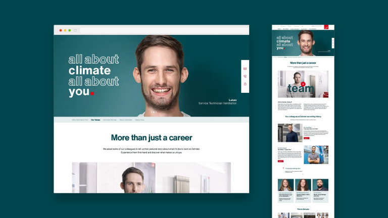 Zehnder Karriere-Website: Lukas, Service Technician für Lüftungstechnik, lächelt auf dem freundlichen Porträtbild. Der Titelbanner trägt den Slogan ‘all about climate, all about you.’ Die Seite enthält Links zu Unternehmenswerten, Mitarbeitergeschichten und Bewerbungsinformationen.