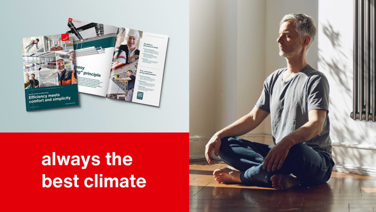 Marketingmaterial von DOTS für Zehnder zeigt Broschüren und einen meditierenden Mann, neben dem Zehnder-Slogan 'always the best climate'.